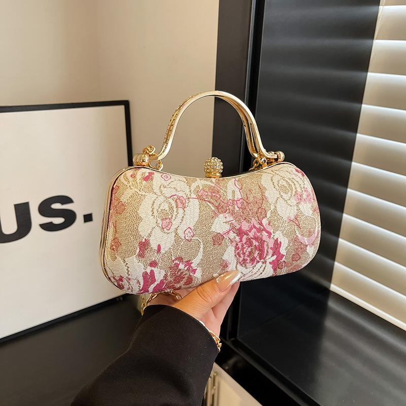 Chic Floral Tapestry Box Clutch with Gold Tone Hardware Tote Bag Detachable Crossbody Chain, Ideal for Nights Special Occasions