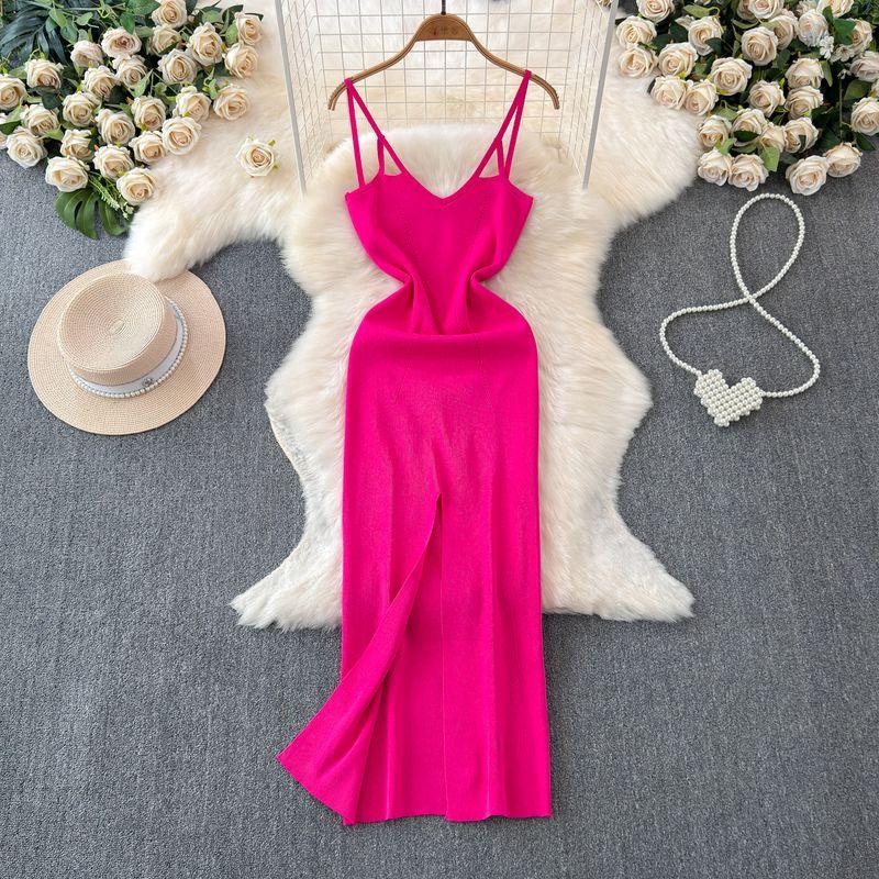 

South Korea Chic Elegant Ladies Pure Color Sleeveless Sling Dress Women s Sexy Sheath Slit Base Knitting Dress Rose Red All yards