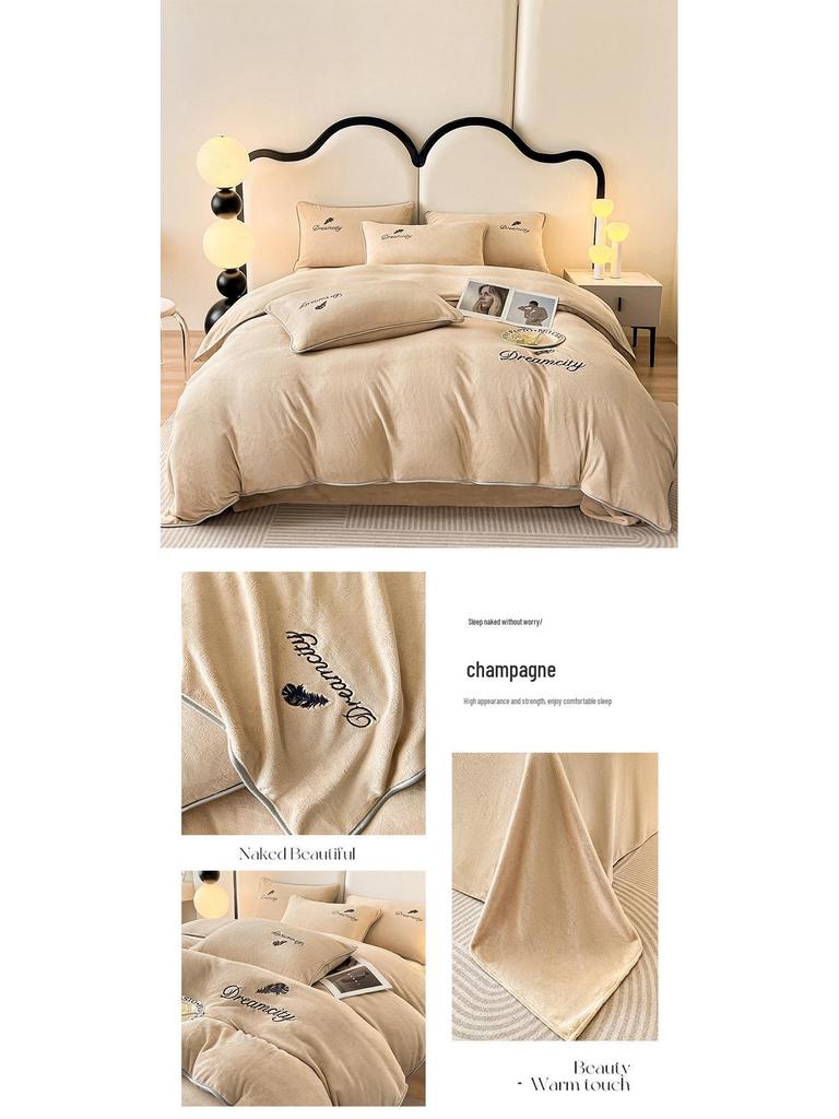 Class A Winter Double-Sided Velvet Coral Fleece Quilt Cover and Bed Sheet Set (4-Piece)