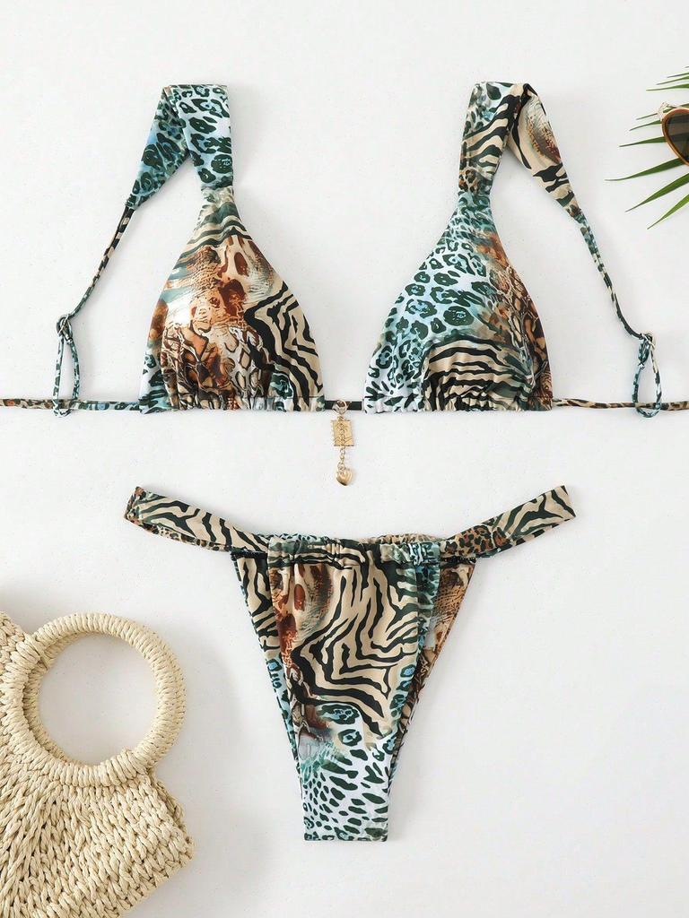 2025 Europejski i Amerykański Strój Kąpielowy Sznurowany z Nadrukiem Damski Trzyczęściowy Seksowny Bikini Plażowe do Noszenia na Basen Termalny