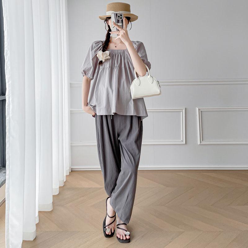 2026 Maternity Summer Off-the-Shoulder Puff Sleeve Top & Casual Straight-Leg Pants Set