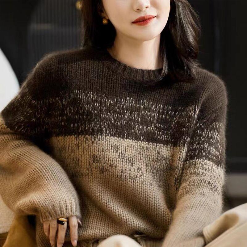 Women's High-End Gradient Color Loose Crew Neck Knit Top Autumn Winter Retro Sweater Inner Wear Base Layer