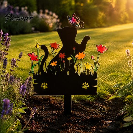 Acrylic Cat Silhouette Decor Kitten Garden Stake, Decorative Yard Sculpture with Flowers And Outdoor Lawn Ornament Butterflies, Waterproof Art
