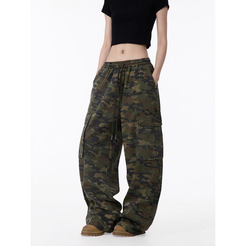 Black of Exit American Retro Camouflage Pocket Cargo Pants Unisex Loose Wide-Leg Slimming Casual Pants Trendy