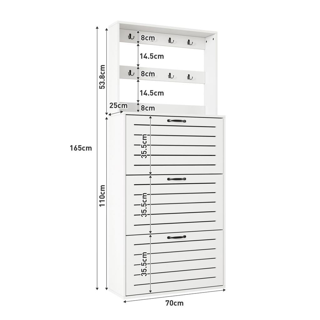 Shoe cabinet with 3 doors, shoe rack, shoe cabinet with hooks, storage for hats, bags, offers space for 15 pairs of shoes