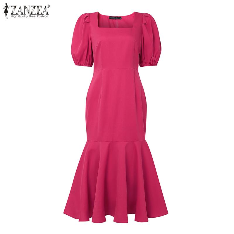 ZANZEA Damen Elegantes Lässiges Quadratischer Kragen Kurzarm Fishtail Kleid