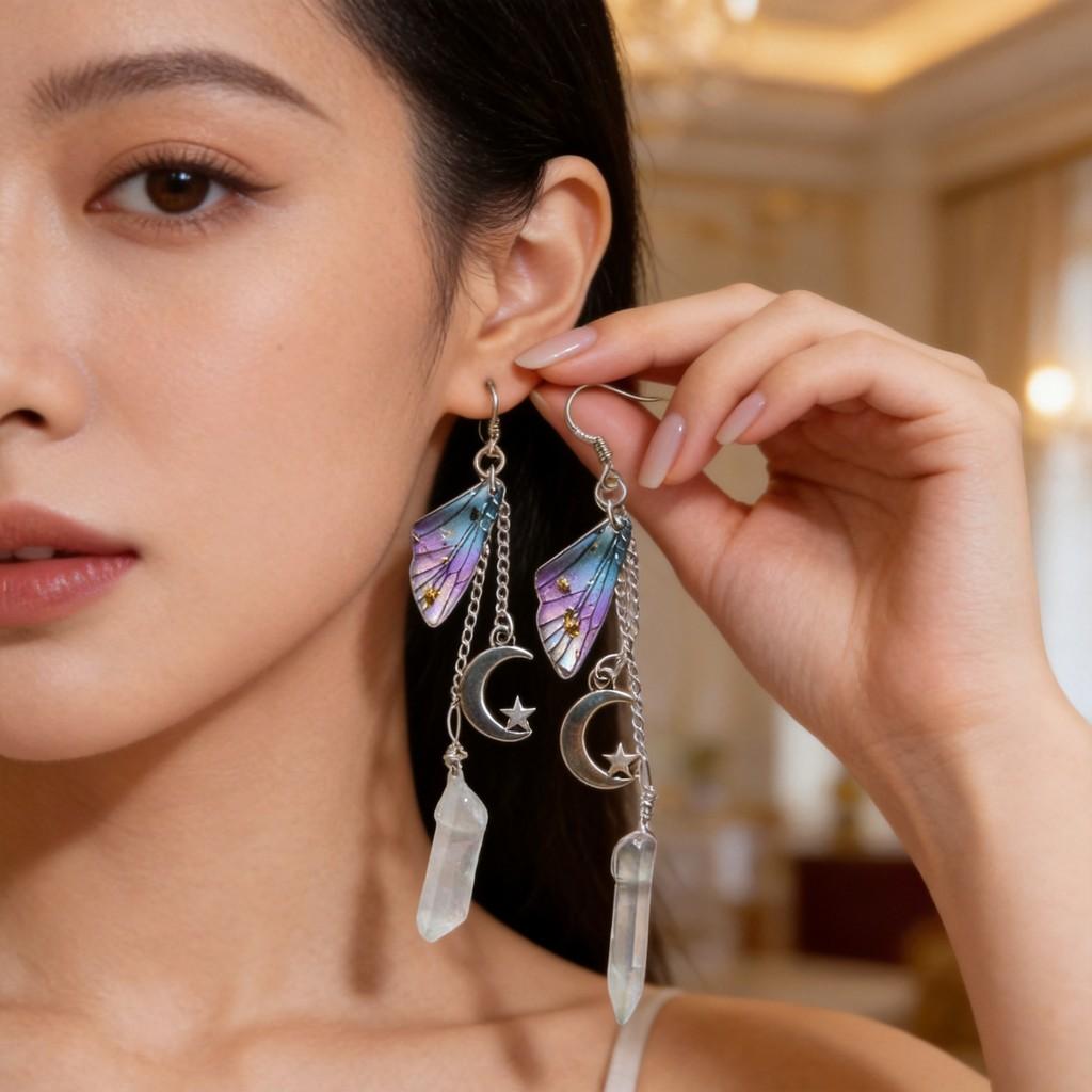 Moon And Star Quartz Crystal Butterfly Wing Hoop Earrings For Women With Silver Plating