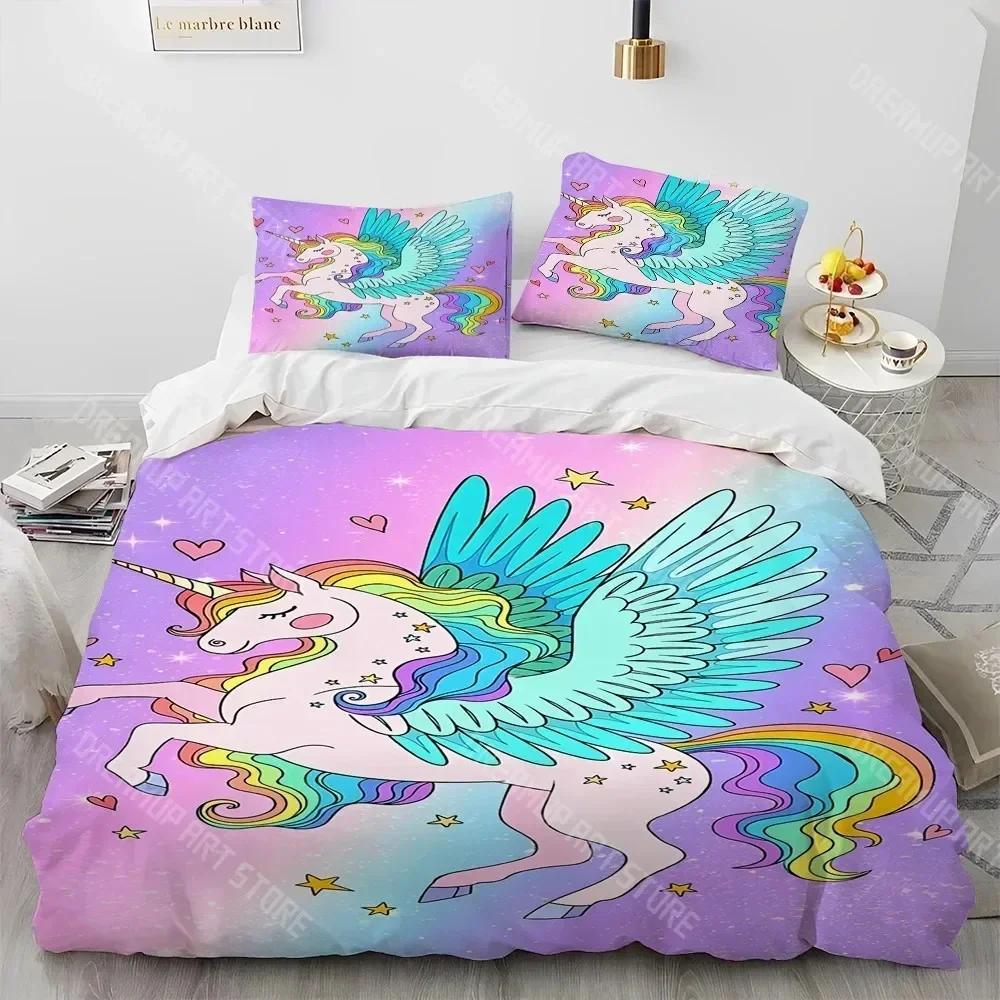 Unicorn Cute Cartoon Comforter Bedding Set,Duvet Cover Bed Set Quilt Cover Pillowcase,Queen Bedding Set for Child Boy Girl Gift