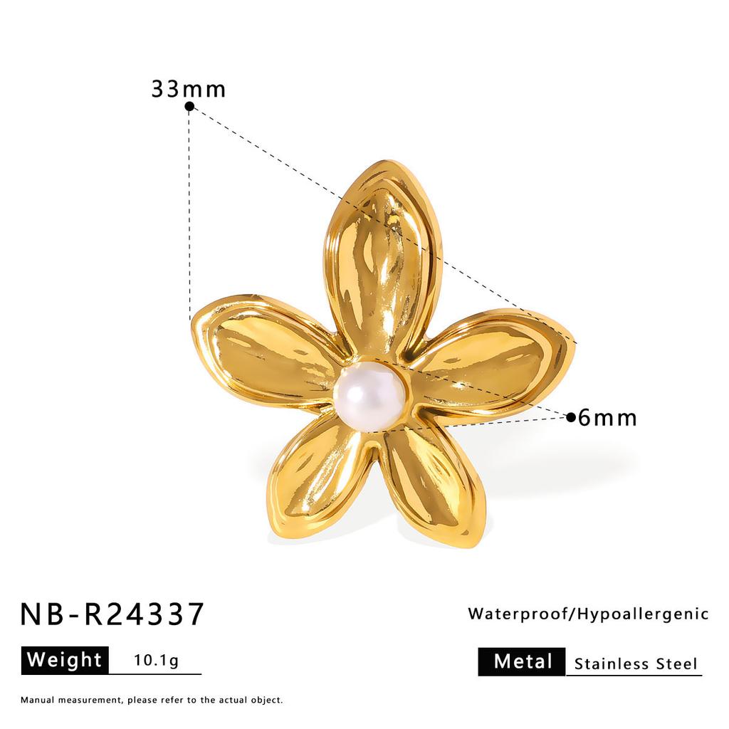 18K Gold Plated Stainless Steel Flower Pearl Ring, Custom Vintage Statement Ring for Cocktail Party Birthday Gift
