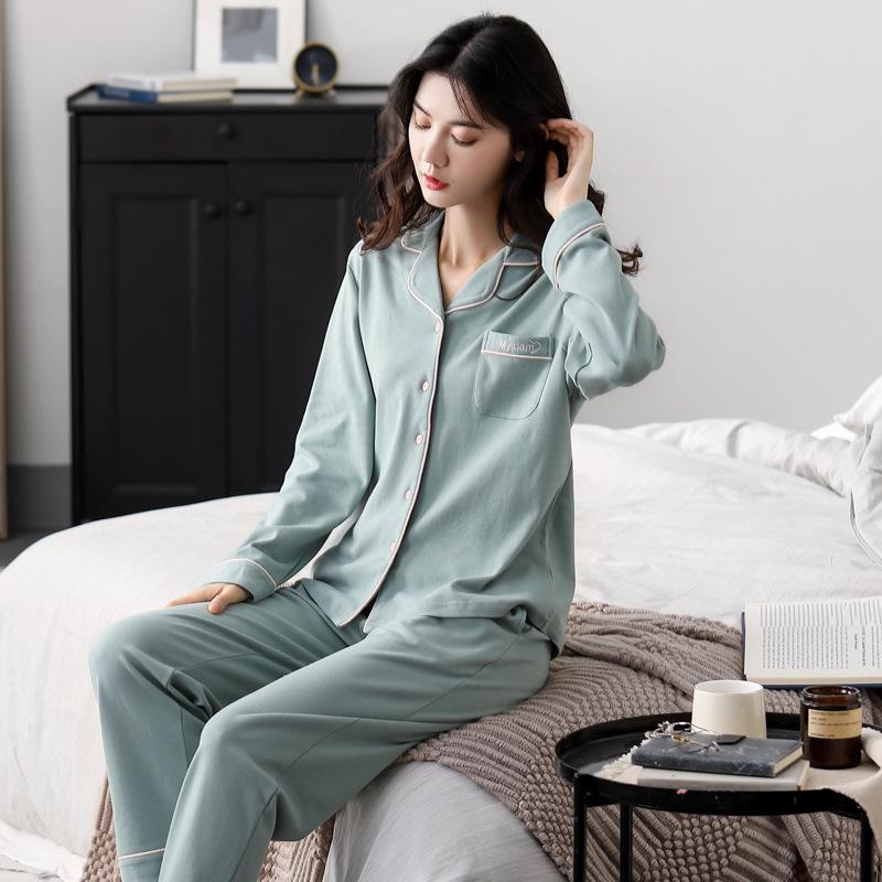 100% pure cotton pajamas women's long-sleeved printing set casual loose spring and autumn thin air-conditioned clothing loungewear can be worn outside