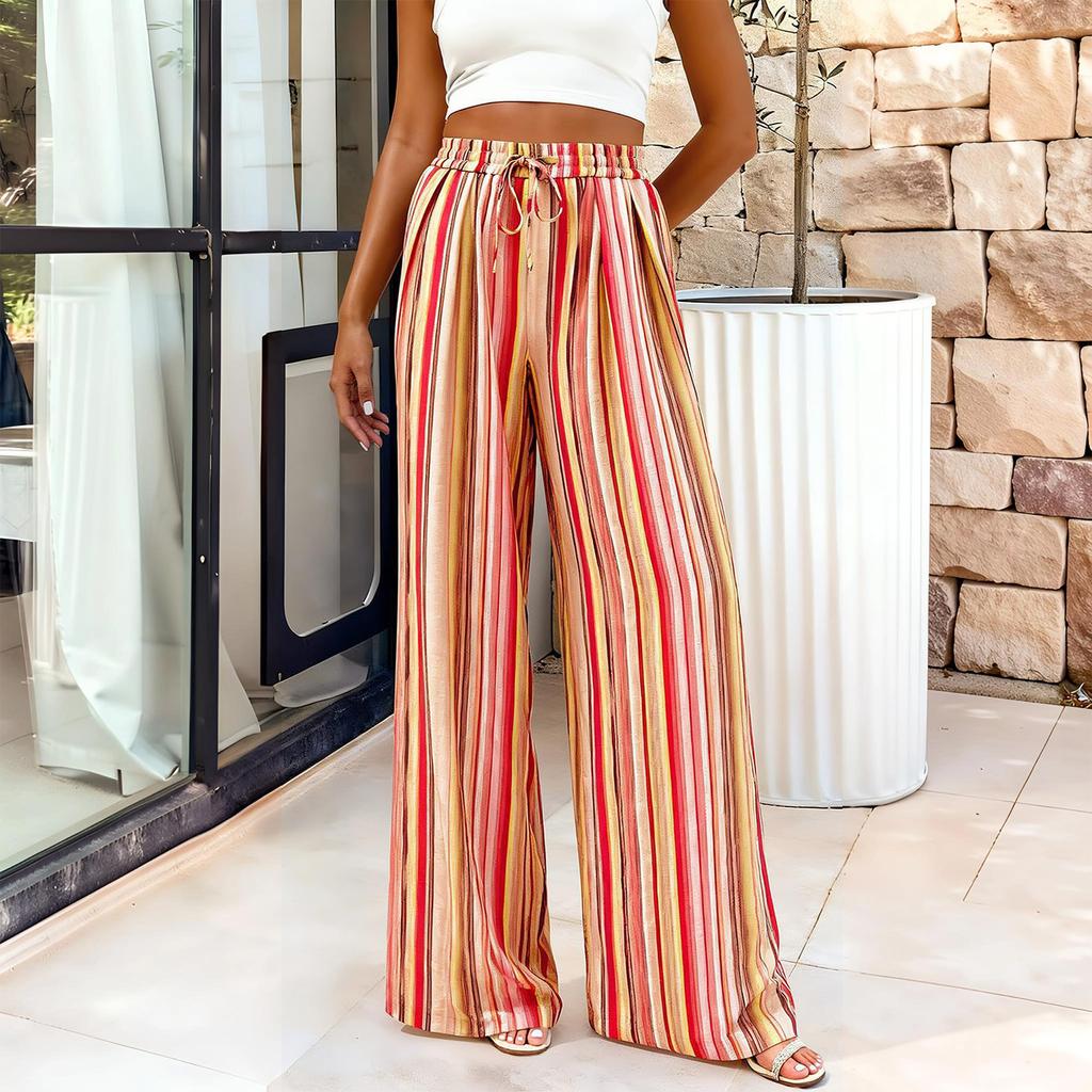 Women's Casual Summer Pants Elastic Waist Wide Leg Trousers Vertical Striped Print Lightweight Breathable Fabric Comfortable Fit