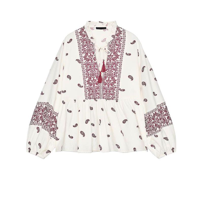 

Spring and Summer New Women s Clothing French Style Laminated Decoration Su Sui Decoration Printed V-neck Long Sleeve Shirt Top 5029081 Magenta L