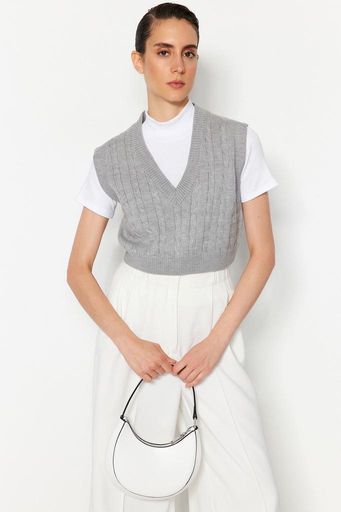 Women's Fashion Stylish Sweater Stone Crop V-Neck Knitwear Sweater