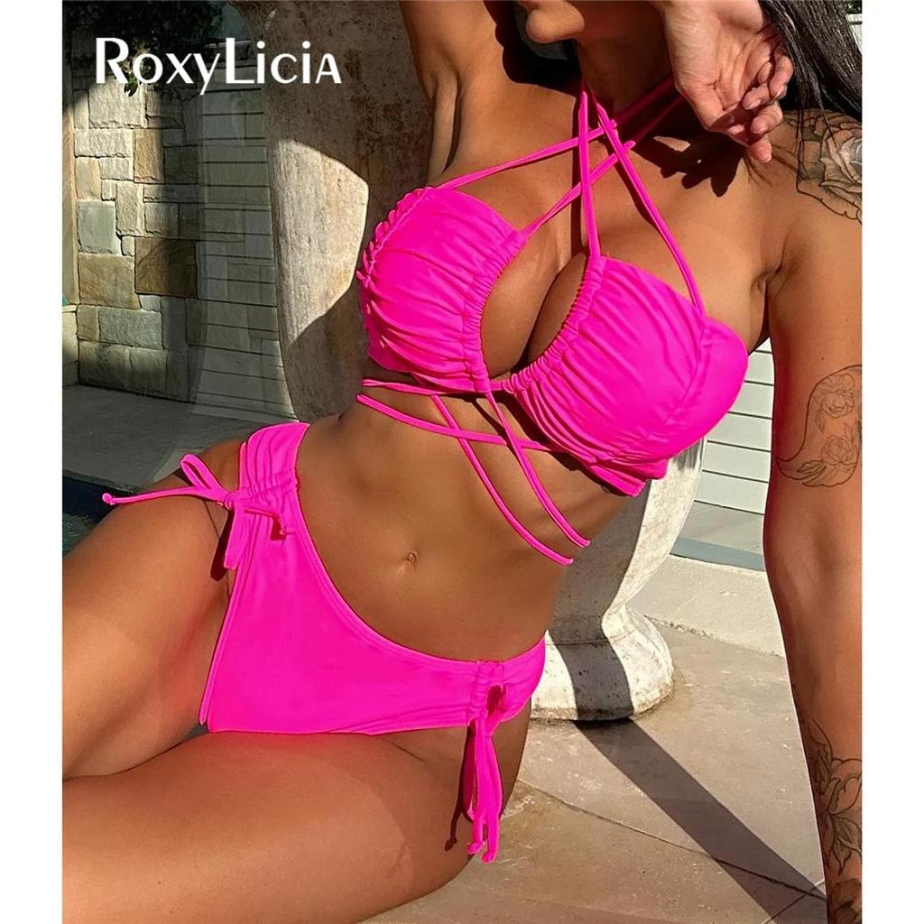 Sexy Wrap Around Wrinkled Mid Waist Bikini Female Swimsuit Women Swimwear Two-pieces Bikini Set Bather Bathing Suit Swim