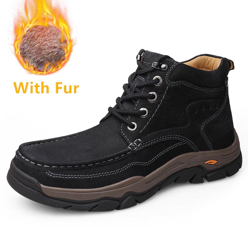 Fashion Luxury Brand Mens Casual Motorcycle Boots Genuine Leather Solid Color Outdoor Boots Warm Plush Fur Winter High Top Shoes Botas