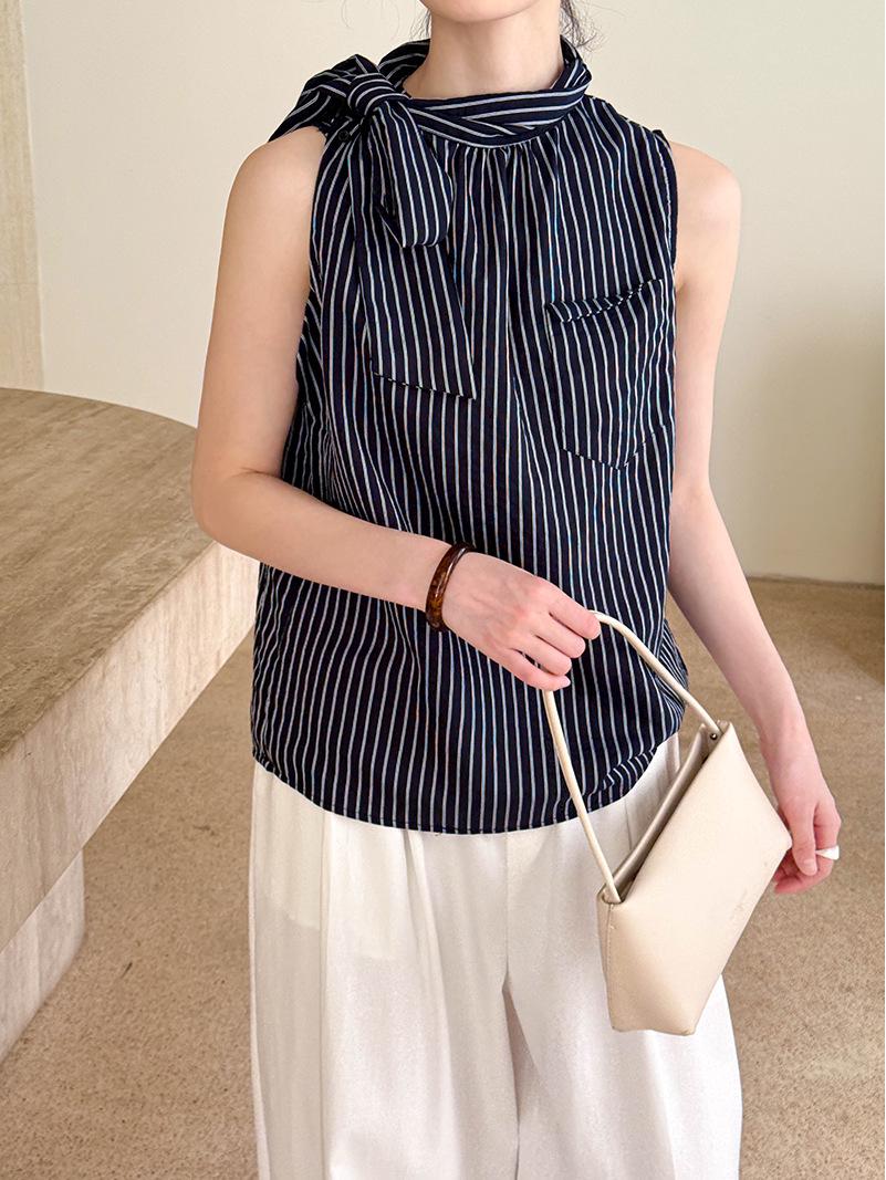 

Juzhi Chic Bowknot Sleeveless Striped Shirt 8106 - New Korean Spring Style One Size