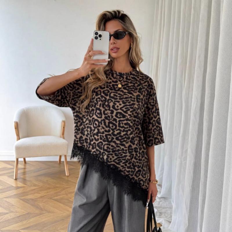 New Slanted Bottom Lace Splicing Short Sleeve T-shirt Sweet Irregular Top for Women Solid O Neck Loose Elegant Fashion Casual Office Blouse Basic Tees