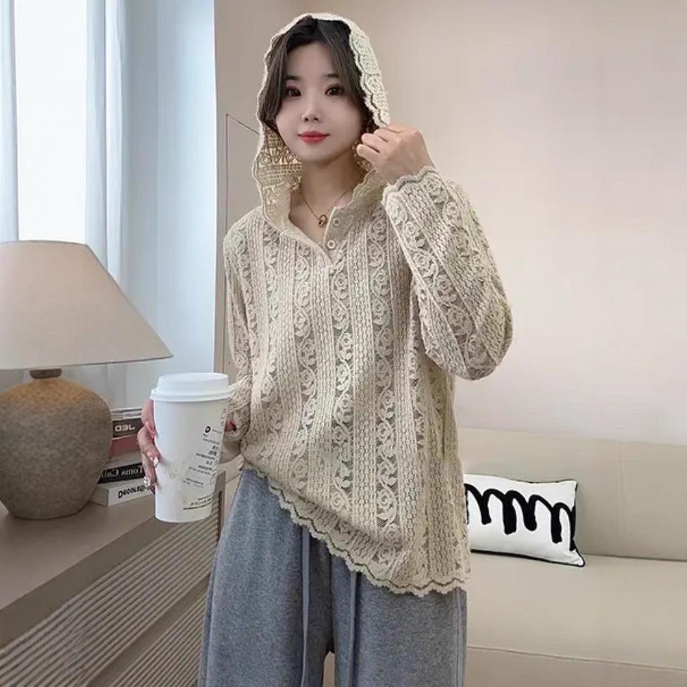 Women's Spring 2025 Lace Long Sleeve Hooded Cardigan Top