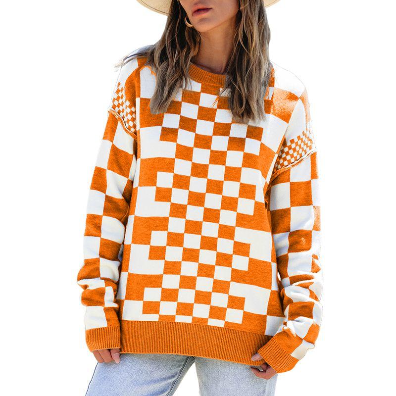 

European and American Fashion Chessboard Grid Print O-neck pullover Women 2025 Autumn and Winter New Niche Design Sense Sweater Women Orange P1014 Size M fit (55.00 kg-62.50 kg