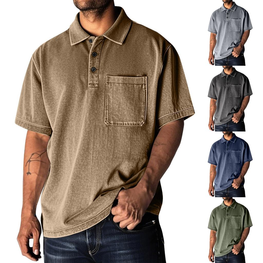 Men's Summer Solid Color Washed Button Collar Loose Short Sleeve Top