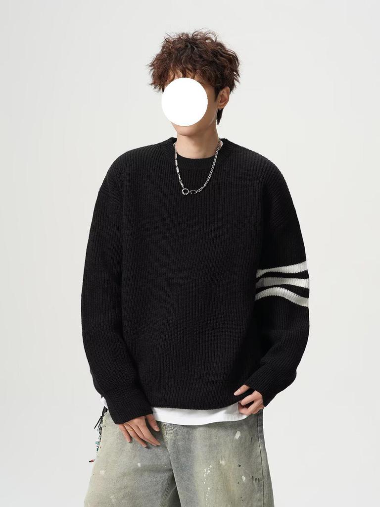 Men's Trendy Solid Color Round Neck Knitted Sweater - Autumn/Winter Casual Long Sleeve Korean Style Base Layer