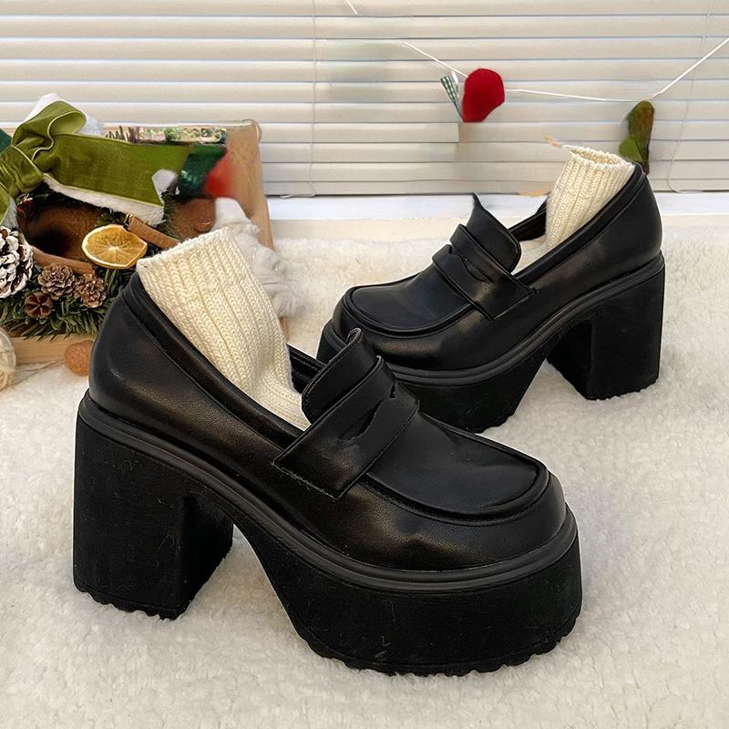 Super High Heels Loafers Women 2024 Spring Patent Leather Chunky Platform Pumps Woman Slip On Black Jk Uniform Shoes Mary Janes