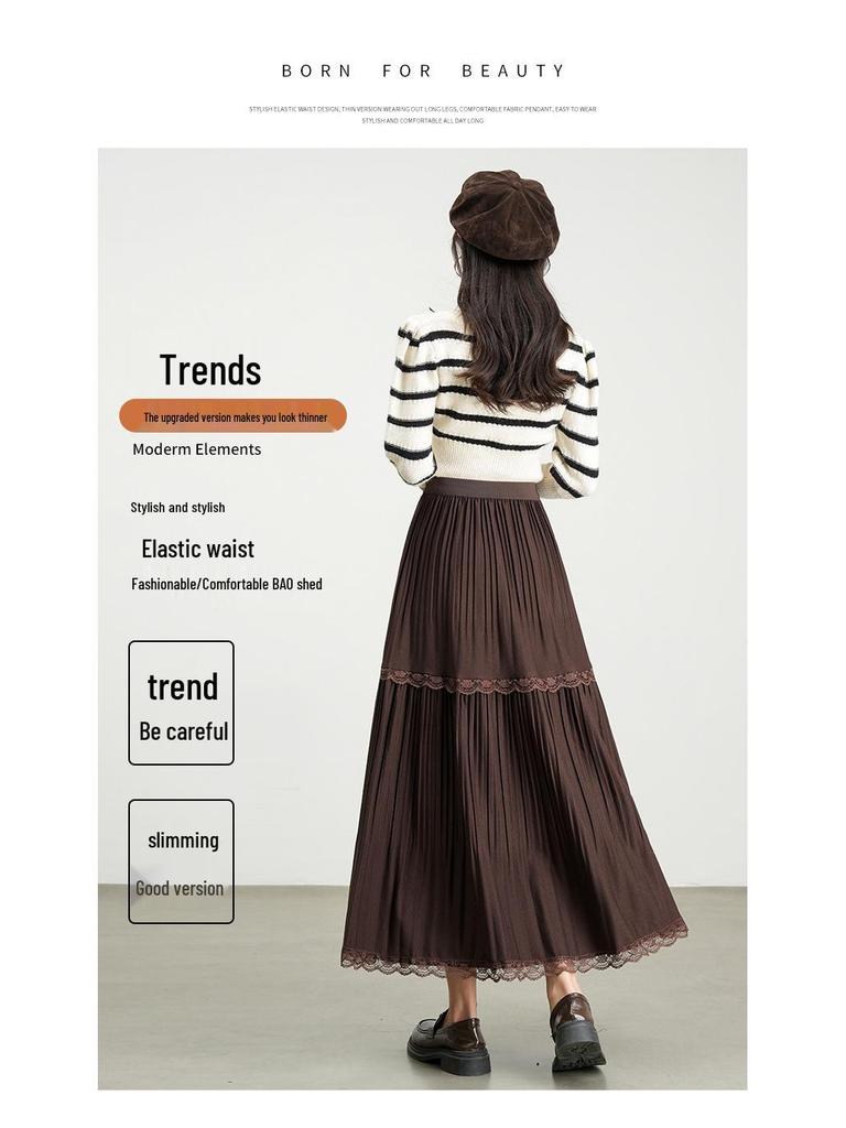 Autumn 2025 Korean-Style Lace Patchwork Pleated Skirt for Women with Elastic Waist