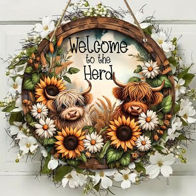 « Bienvenue dans le troupeau » Plaque en bois rustique à suspendre avec vaches Highland bouclées et tournesols - Panneau décor mural classique de ferme pour porte, mur, pièce de la maison