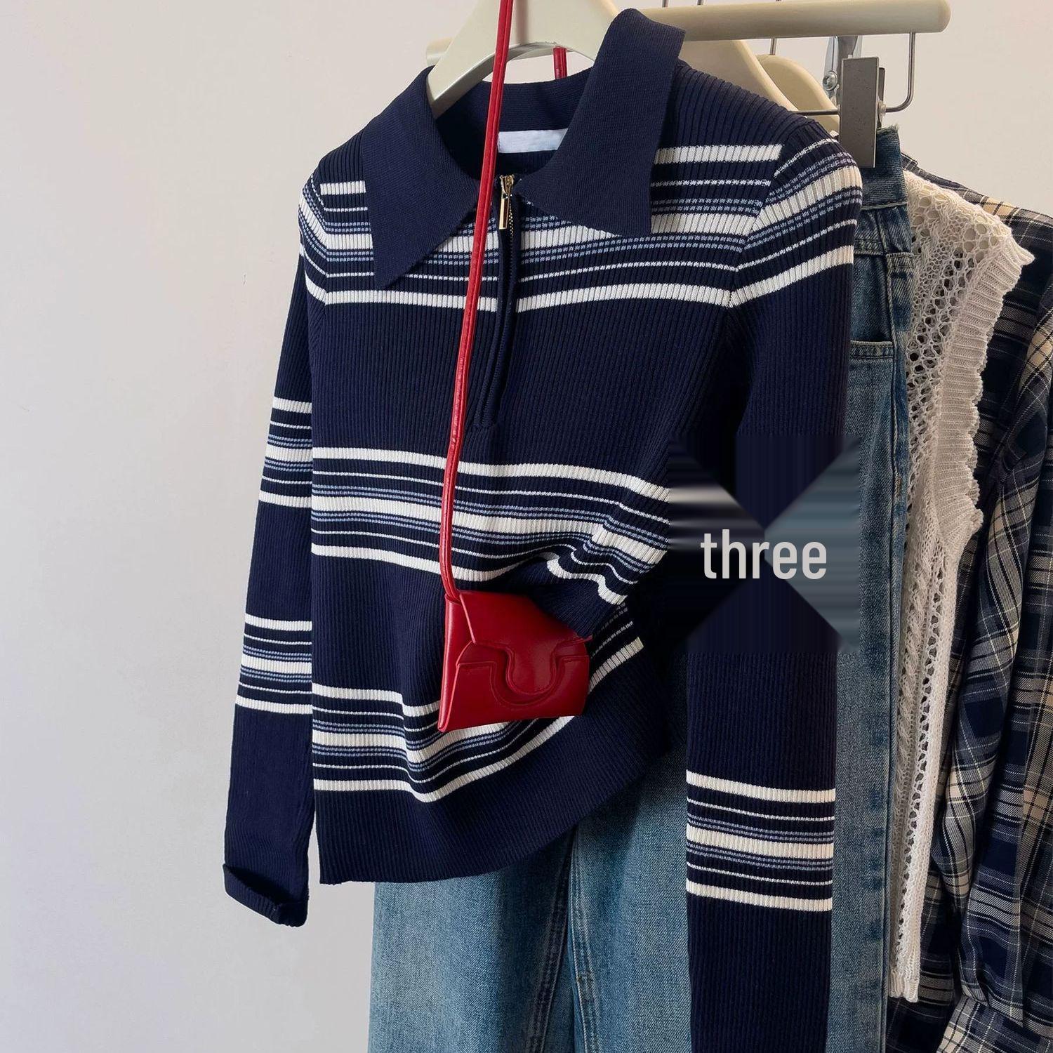 

Plus Size Women s Striped Knitted Half-Zip Sweater (80-200 Jin) XL (120-135 Jin) чёрный