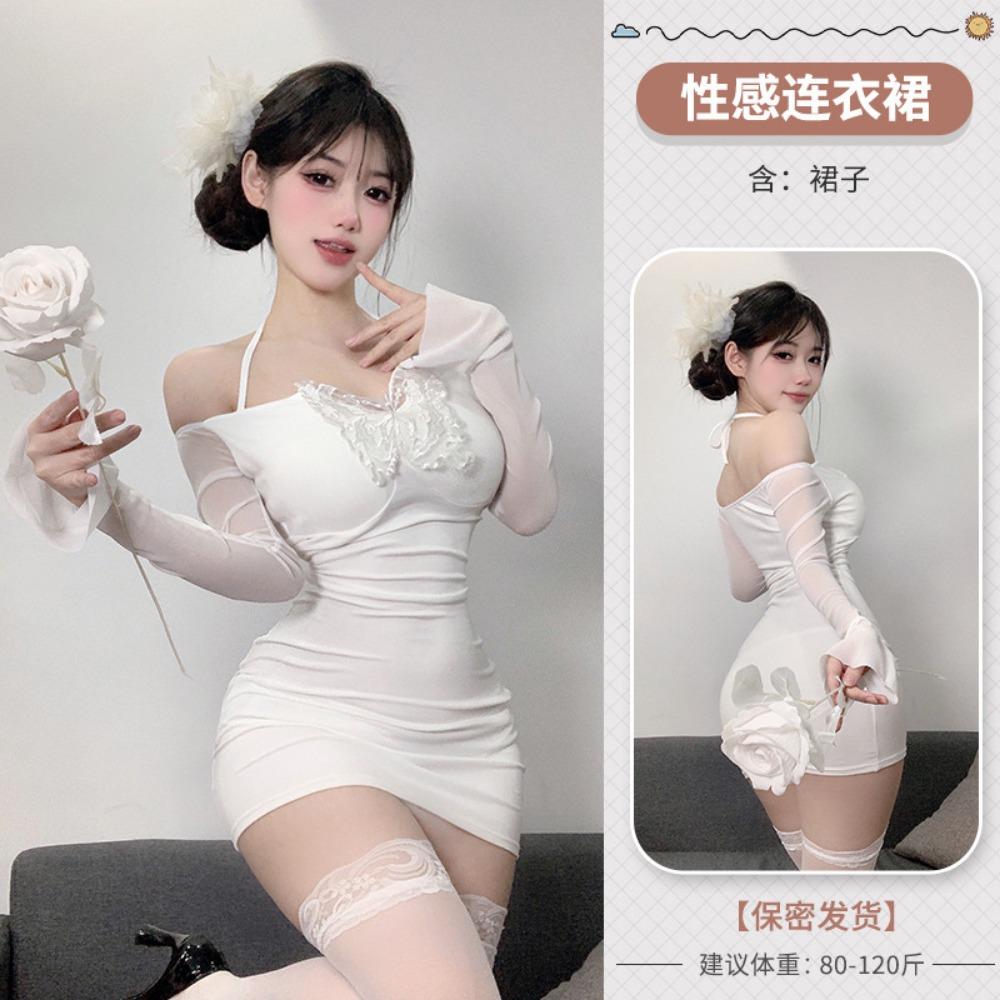 Domila Sexy Spice Girls Pure Sex Underwear Three-dimensional Butterfly One-word Neck Long Sleeve Short Skirt Slim F671