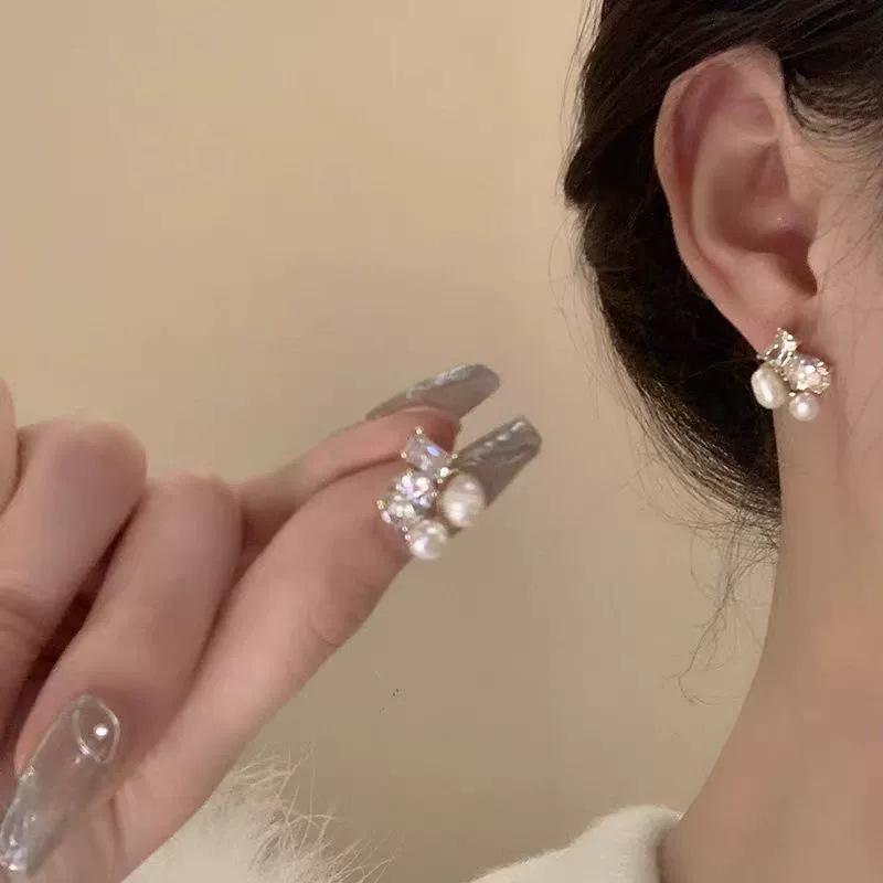 Zircon Metal Studs & Pearl Bow Earrings - High-End, Versatile Statement