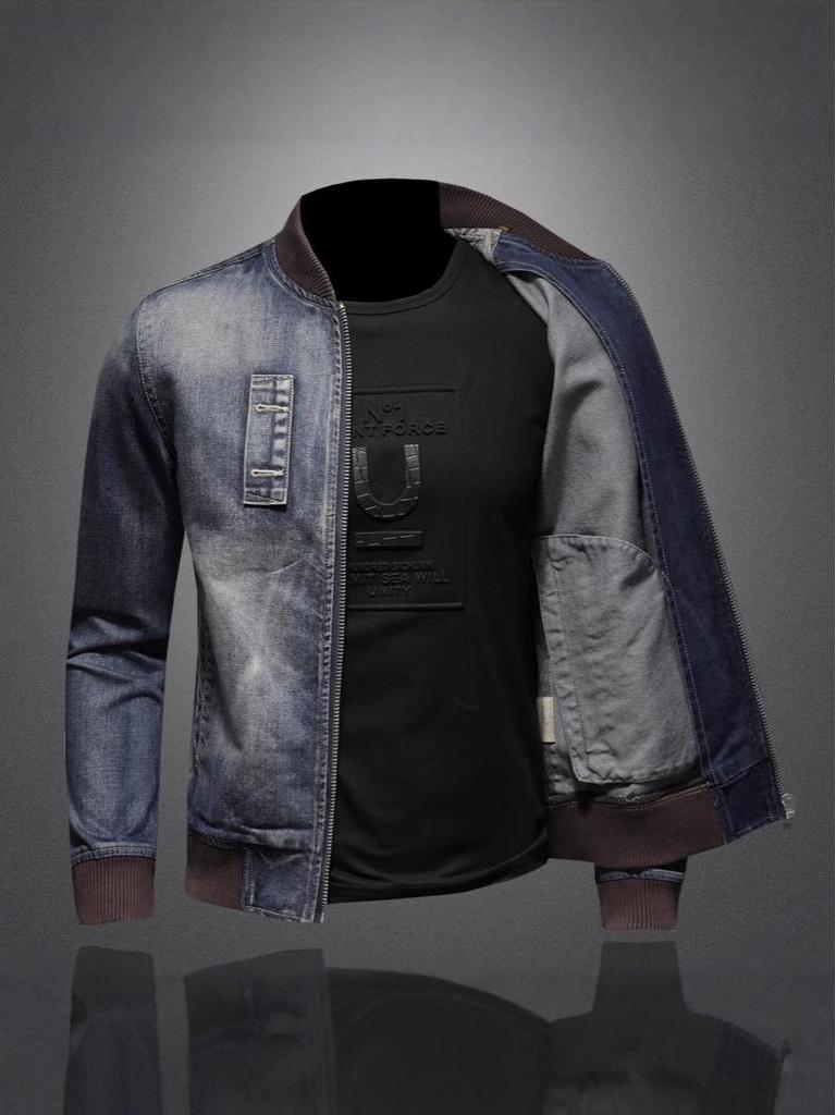 Men's Trendy Retro Stand-up Collar Denim Jacket - Spring & Autumn European Motorcycle Style