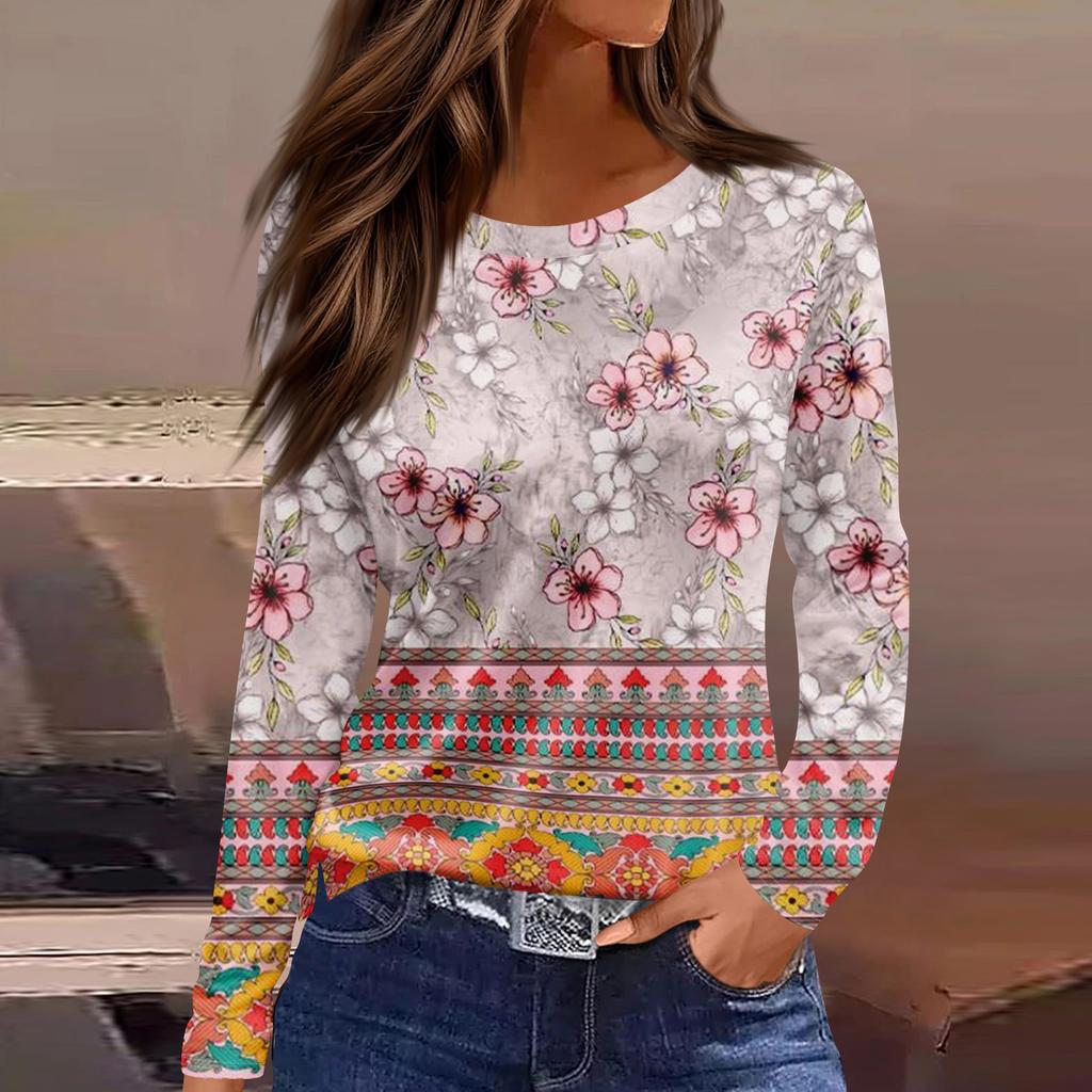 Damska modna, swobodna, rozcięta na dole, okrągły dekolt, długi rękaw, luźny, nadrukowany T-shirt