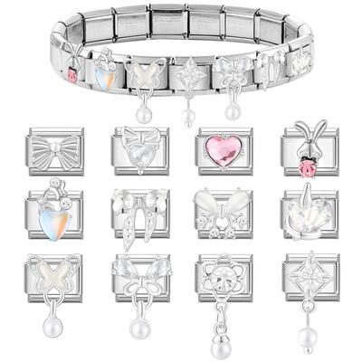 Glänzender Zirkon Schmetterling Schleife Knoten Herz Italienischer Charm Glieder Passend für 9mm Edelstahlarmband Damen Schmuck DIY Herstellung Geschenke