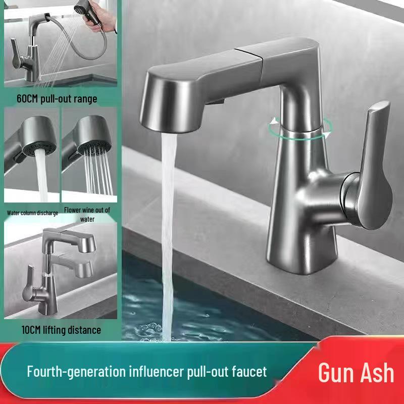 White Pull-Out Faucet Washbasin with Hot & Cold Single Hole Vanity Countertop