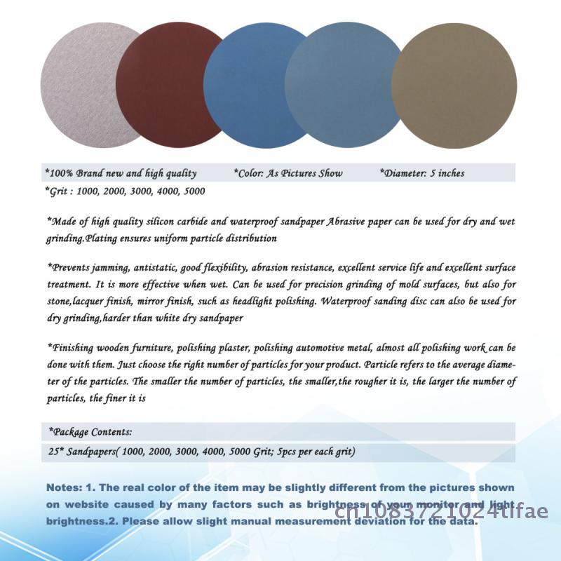 1/2/3/4/5/6 Inch Hook And Loop Sandpaper 25 Pcs Assorted 1000 /2000 /3000 /4000/ 5000 Grit Sanding Paper Round For Polishing
