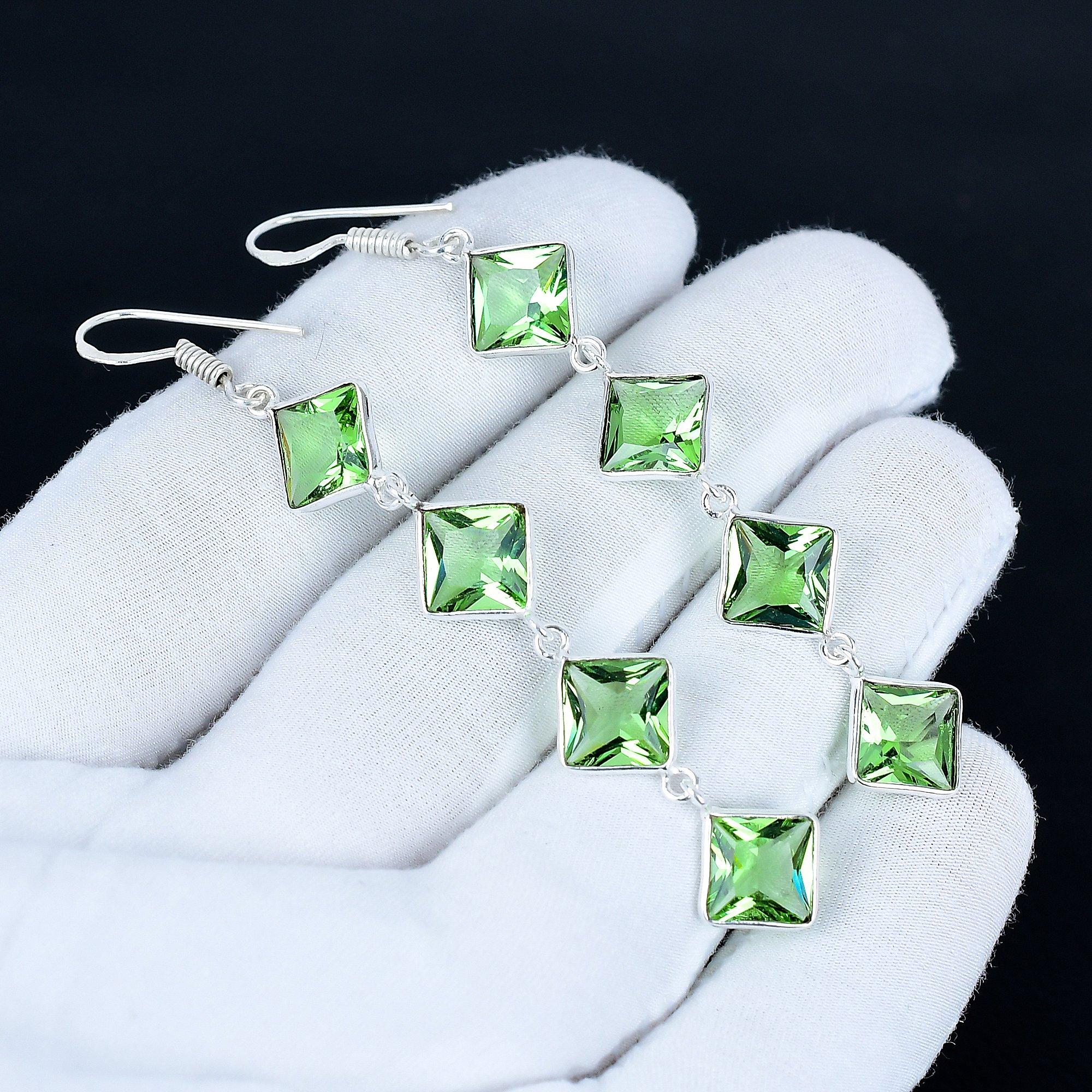 

T-savorite Gemstone Earrings, 925 Sterling Silver Earrings, Handmade Silver Earrings For Gift, T-savorite Dangle Earrings Wadding Gift 8 Cm зелений