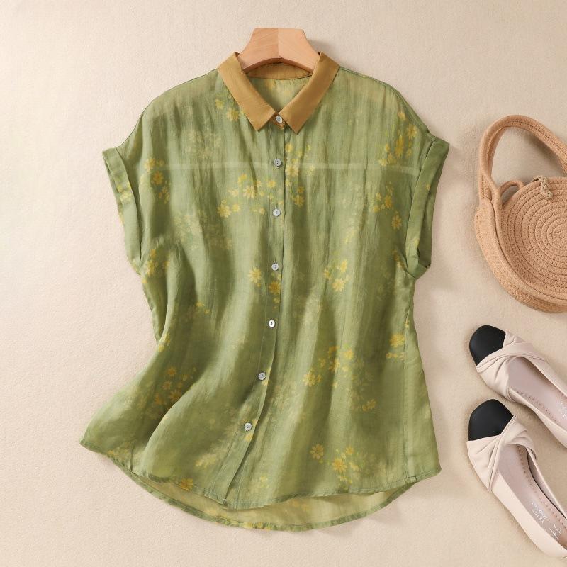 

Летняя тонкая хлопчатобумажная льняная рубашка с художественным ретро-принтом для женщин Блузки и рубашки XL зелёный