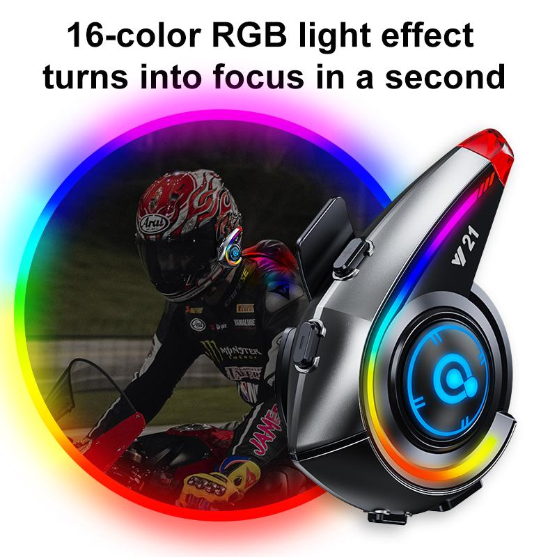 Motorcycle Bluetooth Helmet Headset Y21 Waterproof Moto Headphone with RGB Lighting Noise Reduction Wireless Motobike Earphone