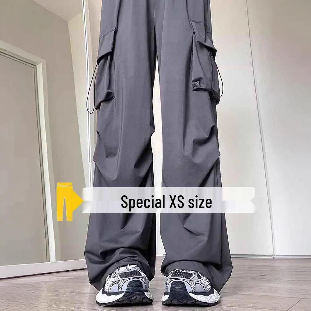 Damskie szare spodnie robocze typu spadochronowego z wysokim stanem dla drobnych - Letni casualowy styl z szerokimi nogawkami