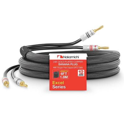 Nakamichi Excel Serie 24k Vergoldete Bananenstecker und Lautsprecherkabeldraht Sauerstofffreies Kupfer Hochbelastbar Geflochten für Verstärker Heimkino Schwarz 6ft