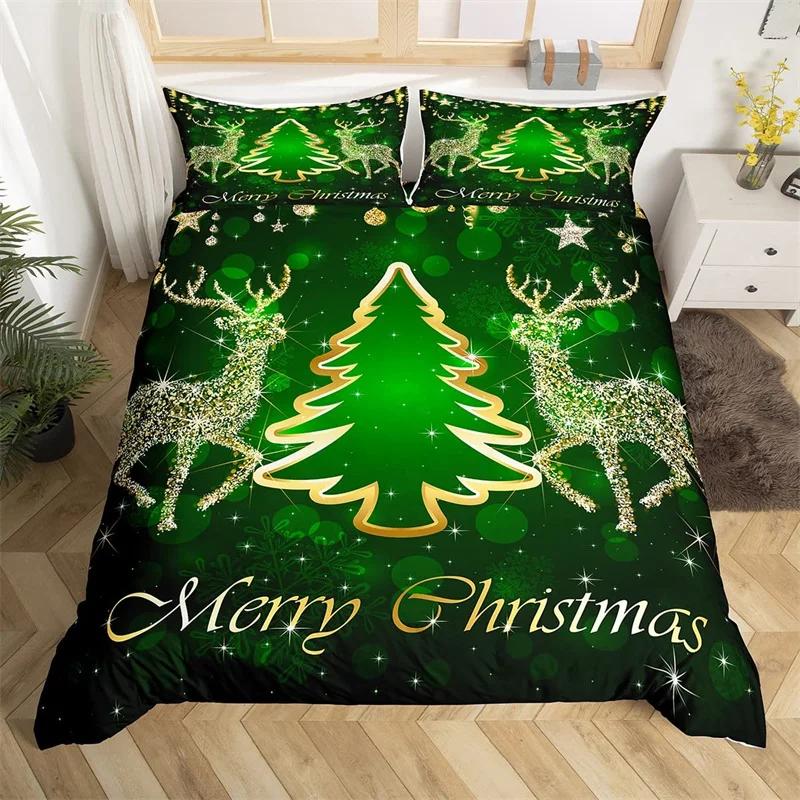 Gold Weihnachtsbettbezug-Set Gold Elch Weihnachten Gedruckt Cartoon Weihnachts-Festival Bettwäschesets Full Queen Größe mit Kissenbezug(s)