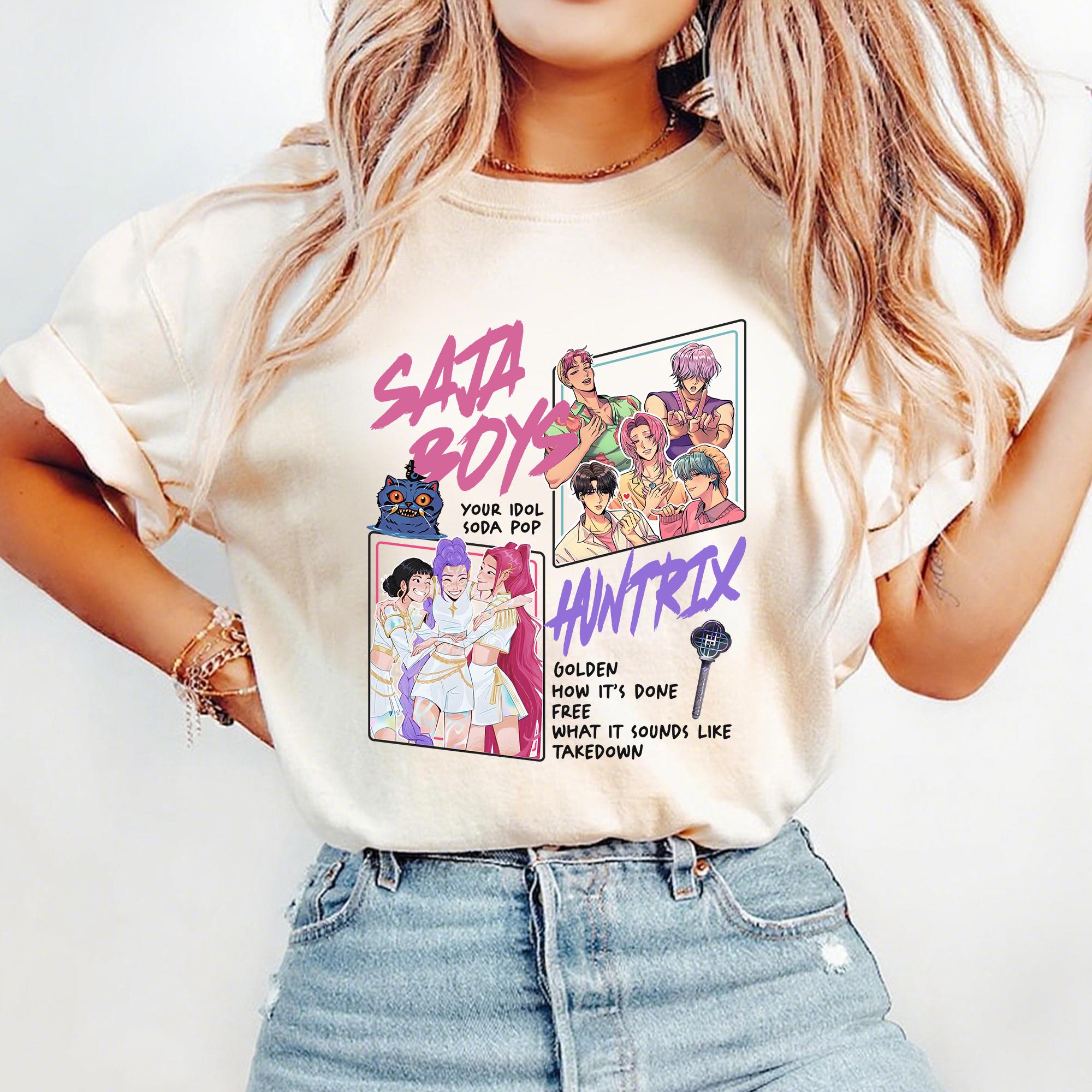 

Футболка Huntrix Kpop Футболка Охотники на демонов Толстовка Huntrix Футболка Мира Руми Джои Ретро Мерч Подарок для фаната Kpop Футболка Kpop Movie L