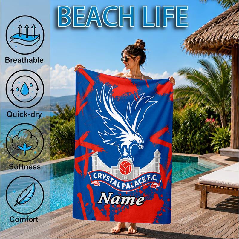 Custom Name Beach Towel Crystal Palace Crest Art Microfiber Beach Towel, Lightweight for Summer Travel, Swimming Pool Fan Birthday Gift