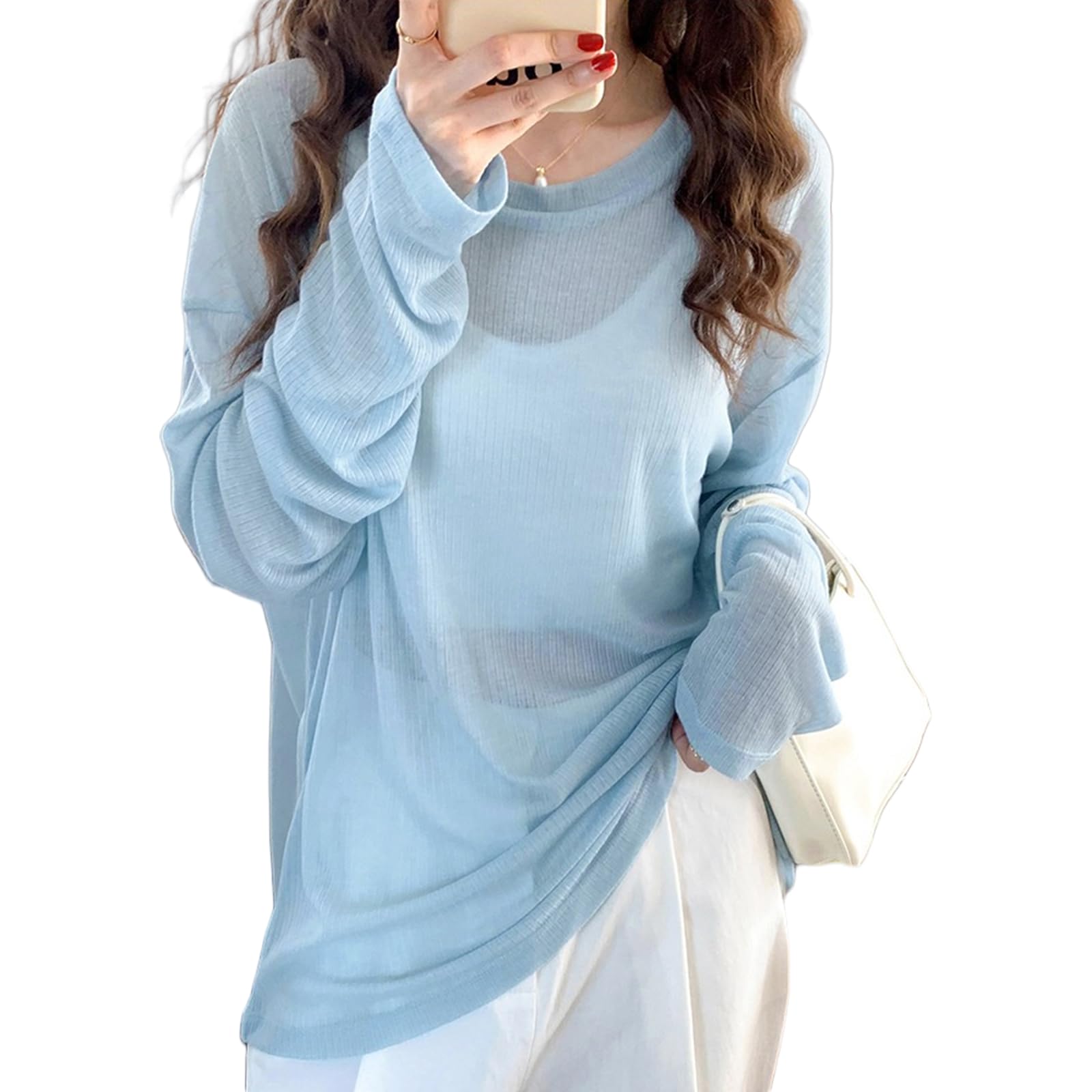 

MERONOCALLALY Летний вязаный сетчатый свободный длинный однотонный летний топ женский прозрачный топ, пуловер, облегающий, прозрачный, тонкий, вязаный, рукава, для многослойности, цвет, синий