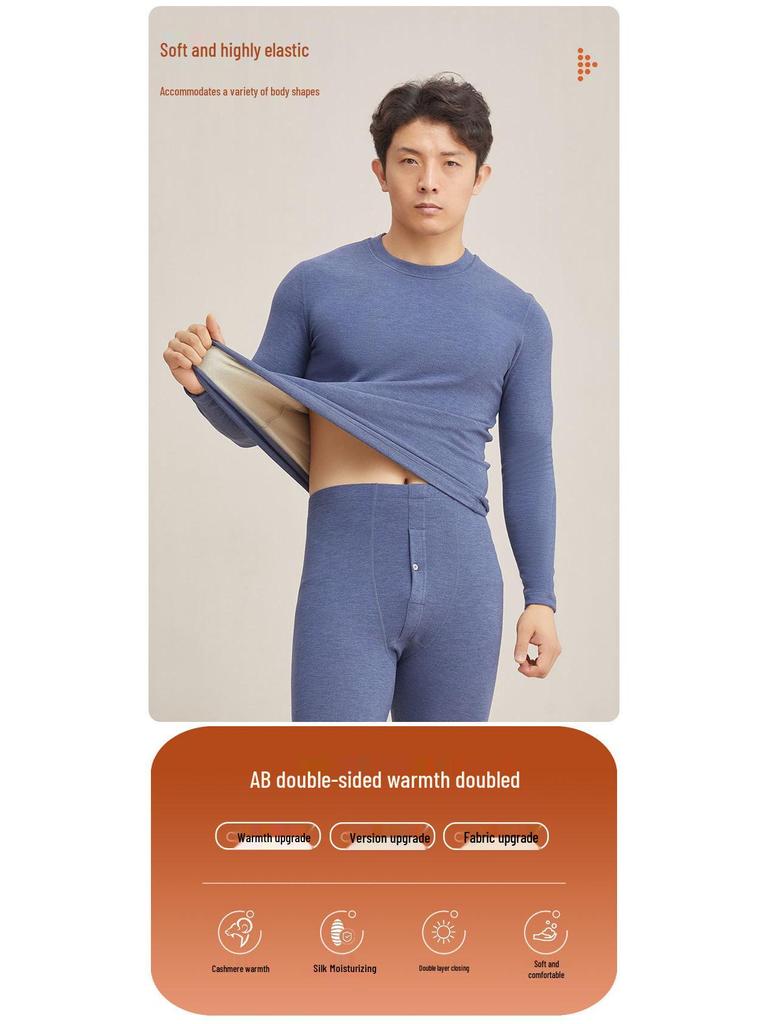 Men's Thick Fleece-Lined Cashmere Silk Base Layer Set for Winter