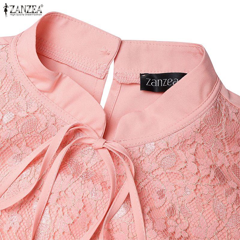 ZANZEA Women Casual Stand Collar Loose Long Sleeve Patchwork Lace Dress