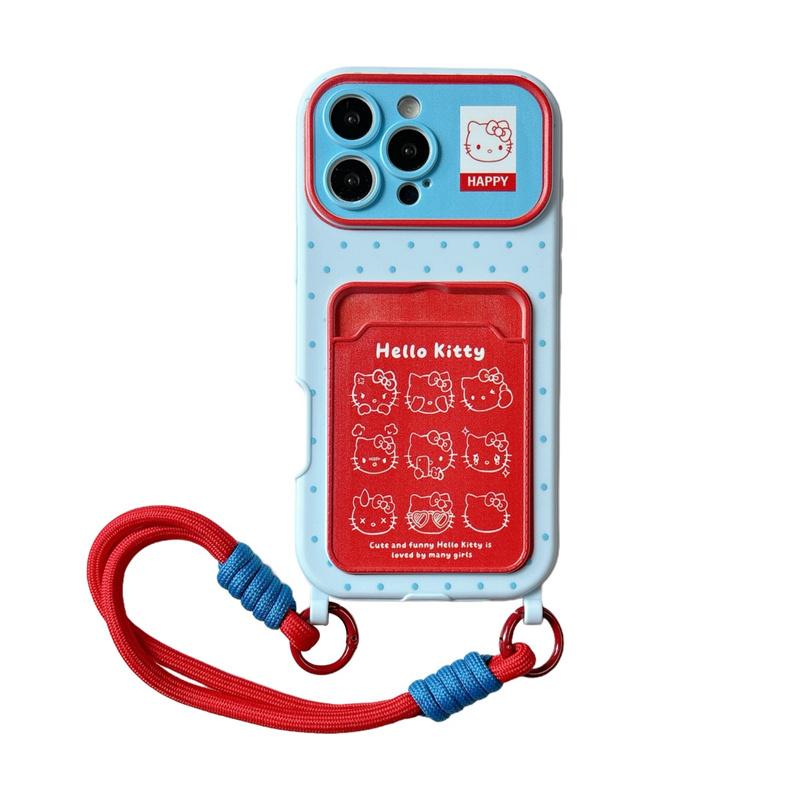 Fashion Cute Line Hellokitty Card Holder Phone Case For iPhone 17 Pro 16 15 14 Pro Max Cover with Hand Rope Cartoon Shockproof C