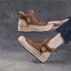Johnature Echtes Leder Dicksohlige Retro Stiefeletten mit seitlichem Reißverschluss Lässige Schnürschuhe Damen Flache Plateau Schuhe