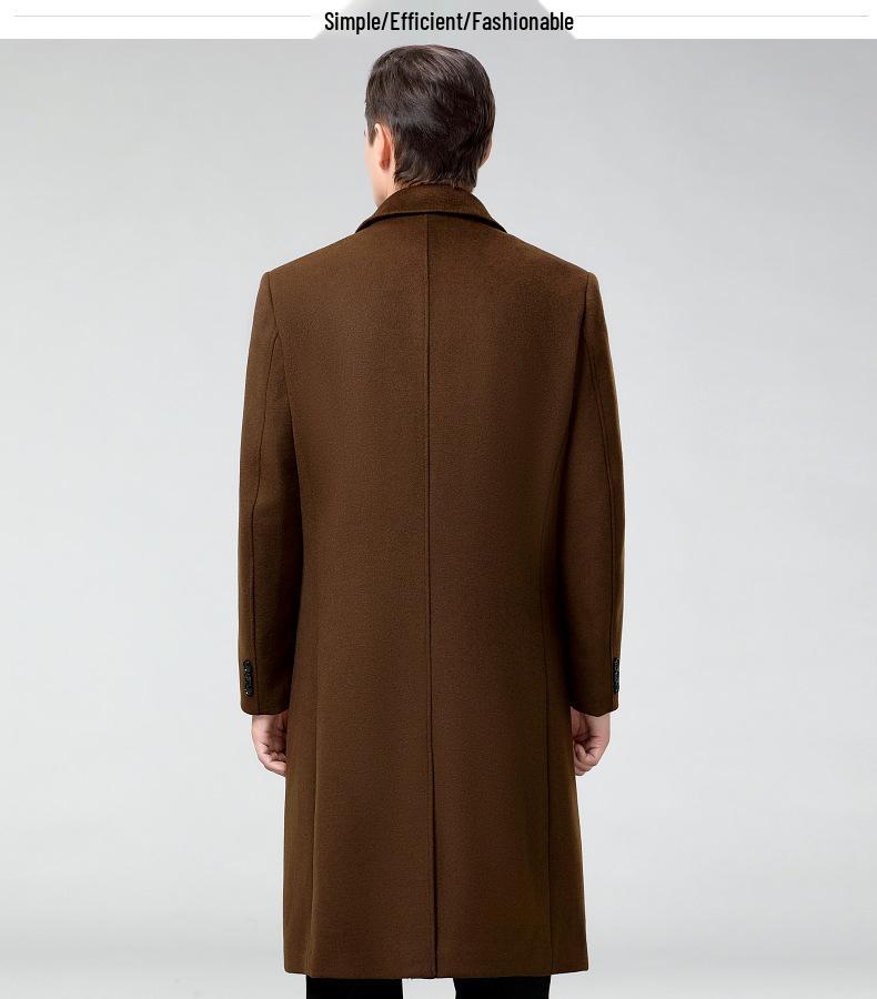 Men's Long Cashmere Coat, Below-Knee, Autumn-Winter Thick Wool Trench for Middle-Aged and Elderly.